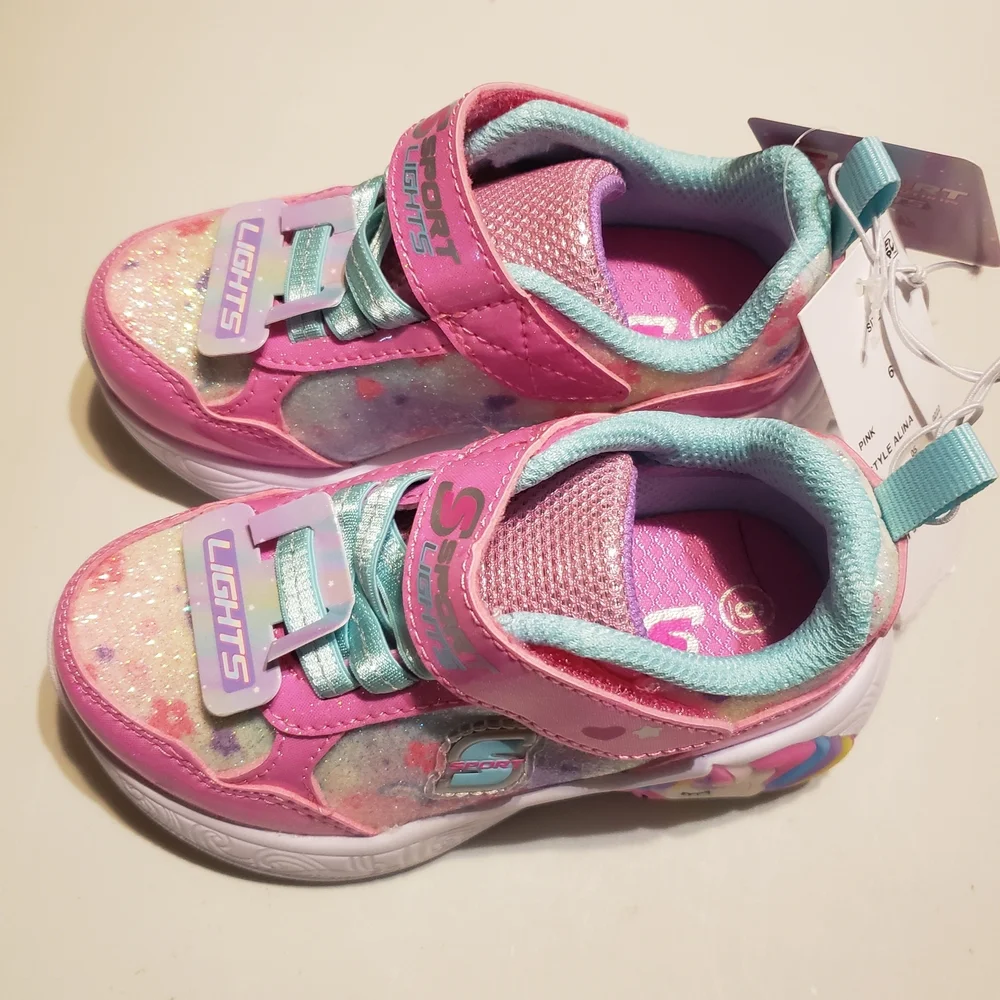 Skechers Kids Pink Glitter Light-Up Sneakers with Teal Accents - Picture 2 of 7
